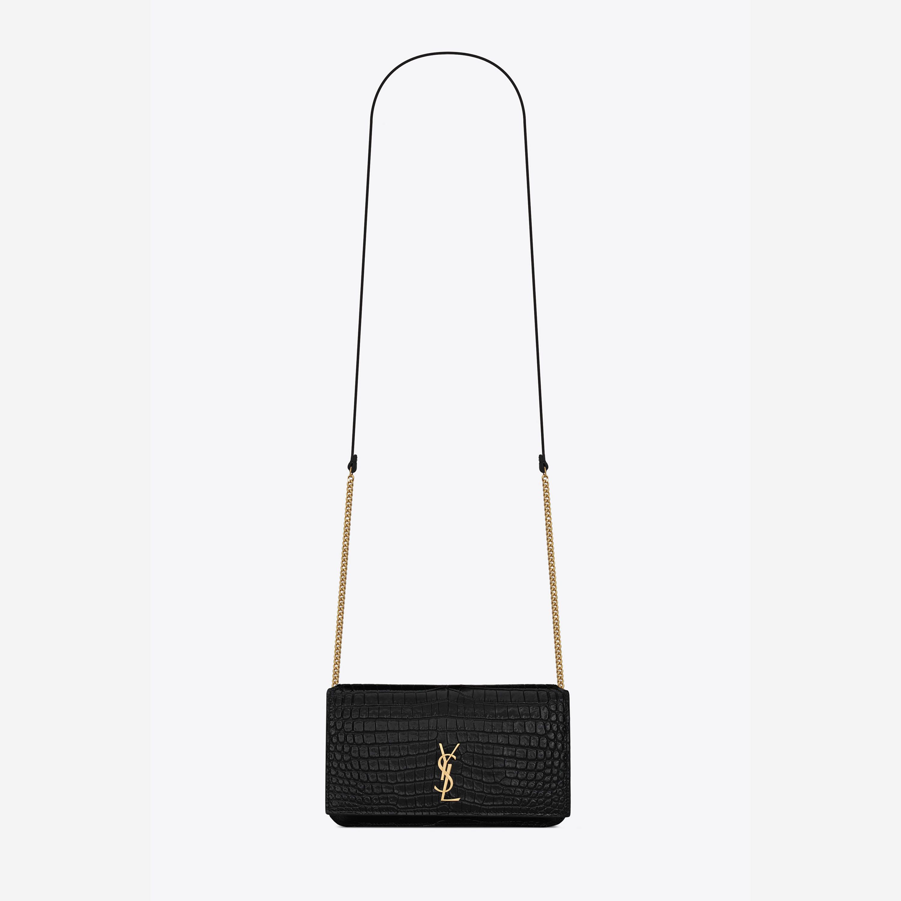 Túi Đeo Chéo Đựng Điện Thoại Nữ Yves Saint Laurent YSL Cassandre Phone Holder With Strap In Shiny Crocodile 635095DND1J1000 Màu Đen