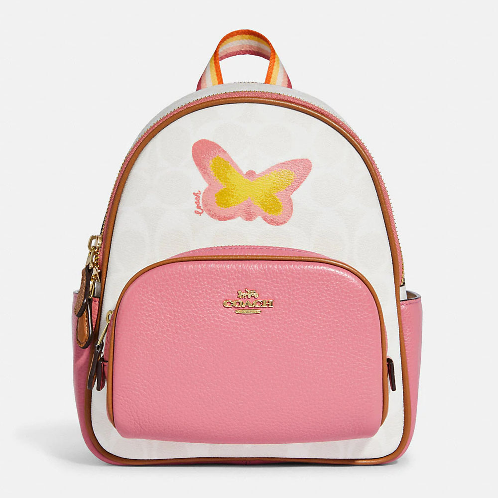 Balo Coach Mini Court Backpack In Signature Canvas With Butterfly Màu Hồng Trắng