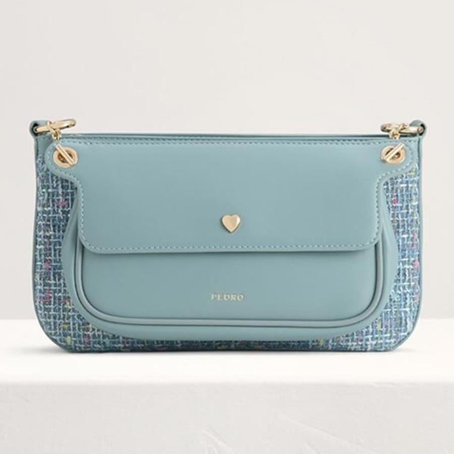Túi Đeo Vai Pedro Tweed Double Flap Shoulder Bag Màu Xanh