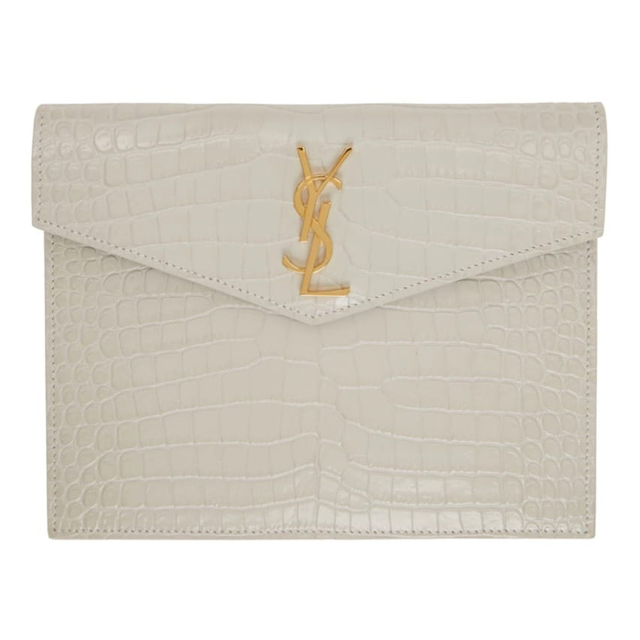 Túi Cầm Tay Nữ Yves Saint Laurent YSL Off-White Croc Small Uptown Envelope Pouch Màu Trắng