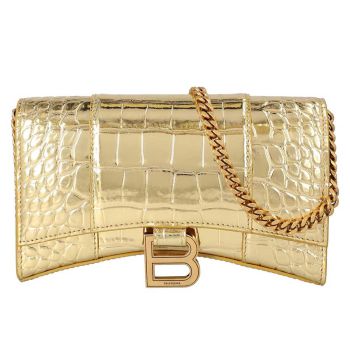Túi Đeo Chéo Balenciaga Hourglass Croc-Embossed Leather Wallet-On-Chain In Gold Màu Vàng Gold